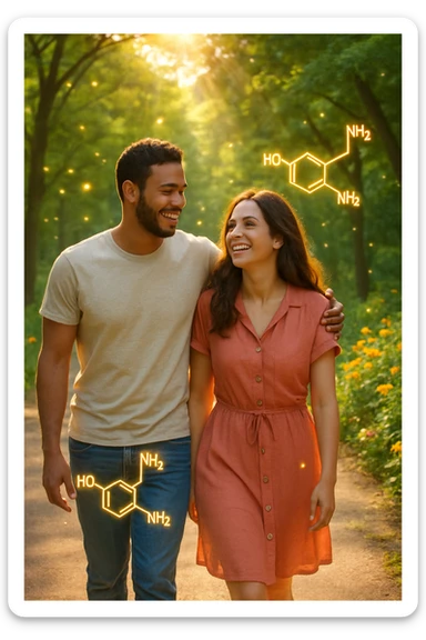a smiling man and woman walk together along a sunlit park path, surrounded by green trees and blooming flowers. Sunbeams gently illuminate their faces, and subtle, glowing dopamine symbols float around them, symbolizing natural, healthy pleasure. The mood is uplifting and serene. sticker