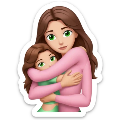 white woman with very long brown hair and green eyes in a light pink outfit hugging Gaston sticker