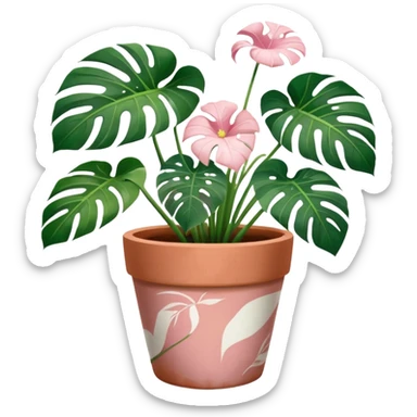 monstera plant in a plant pot in terra cota with white and pink flowers hand painted on the pot  sticker