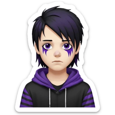 emo teen boy with long one-side messy black hair, dark hoodie with white and purple striped sleeves, piercings on his nose, dark eyeshadow sticker