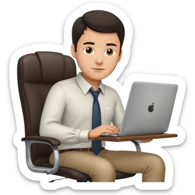Rich man sitting on a office chair, working at desk, looking to laptop in shirt, dark hair, he is german very beautiful looks like, full body view sticker