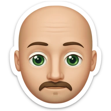 white caucasian bald man's face, with brown goatee and dark green eyes, oval face, rounded, big, little eyes a small smile sticker