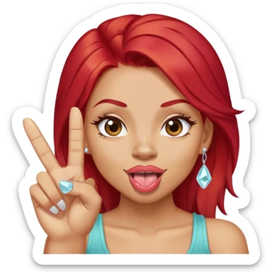 light skin girl with red hair, doing a wink and sticking her tongue out, doing rock hand sign and having crystal  sticker