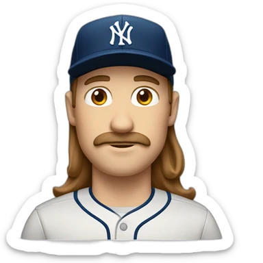 white man with brown long hair and ny baseball cap and mustache sticker