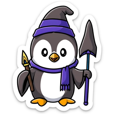penguin with wizard hat and robe, holding a magic staff, magical sticker