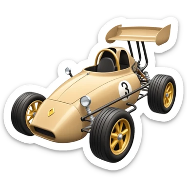 Special air-cooled three-cylinder race car whose frame and suspension is made of shopping cart material with a large gas tank, and rear spoiler, is being professionally steered/driven by a small black dragon  sticker