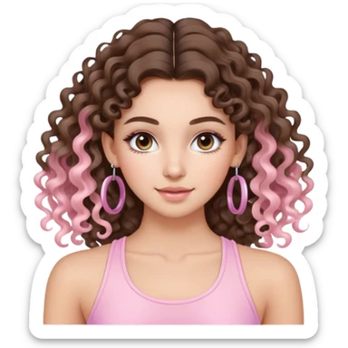 cute balayage brunette long hair curly/wavy haired girl, hoop earrings, clean girl makeup DOING pilates EXERCISE with a cute pastel pink set sticker