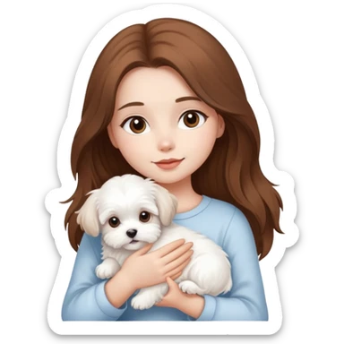 beautiful girl with long hair holding a fluffy white Maltese puppy sticker