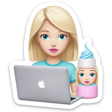 blonde long hair girl using macbook emoji. she has blue eyes and there is tatcha longevity cream (teal colour) and Summer fridays lip balm (pink sugar) in front of the laptop sticker