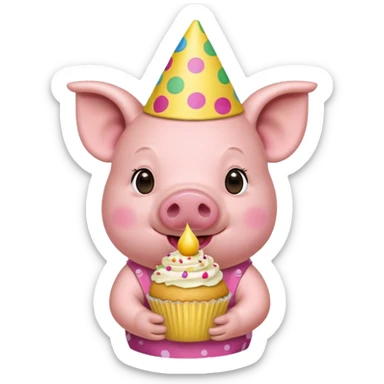 Pig with  yellow aloha shirt, birthday hat, holding a cupcake sticker