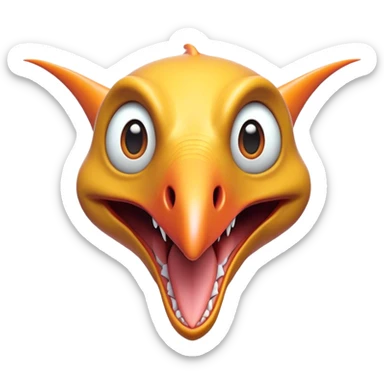 Cinematic Comical Pterodactyl Portrait Emoji, Head tilted dramatically with an exaggeratedly shocked expression, featuring a sleek, streamlined body with a quirky, animated beak and wide, comically expressive eyes full of playful disbelief, Simplified yet hilariously expressive features, highly detailed, glowing with a slightly sassy ethereal glow, high shine, dramatic yet playful, stylized with an air of cheeky prehistoric mischief, soft glowing outline, capturing the essence of a meme-worthy Pterodactyl that looks ready to side-eye its way into viral fame! sticker