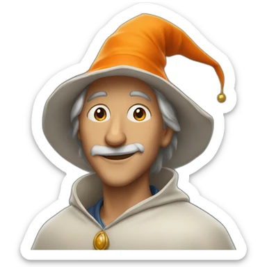 portrait of a wizard smiling, Merlin style, with an orange hat sticker