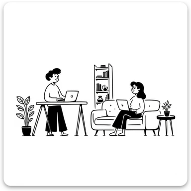 escenary 3d of a cozy mid-century living room with two people working on laptops, one man standing at a desk, and one woman sitting on a couch sticker