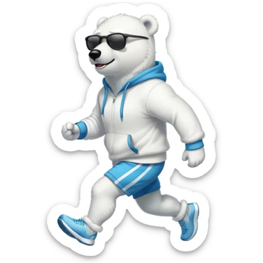 friendly anthropomorphised polar bear jogging upright wearing a hoodie and shorts, dark sunglasses sticker