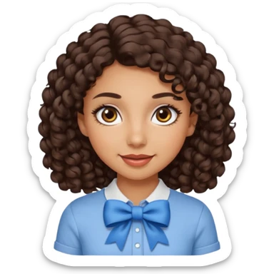 Do a Curly haired girl with dark brown hair, brown eyes, medium tan skin, big eyes and big lashes, with thin lips and add a shirt with a bow sticker