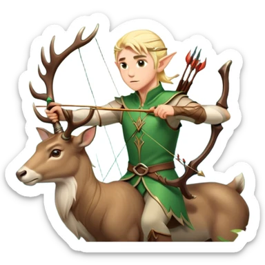 clash-of-clans-aesthetic-blond-male elf-archer-portrait-emoji, rendered in a flat, vector-style with minimal shading and bold holding his bow, simplified shapes, head tilted slightly forward with a determined, focused expression, riding a majestic stag whose antlers glow with mystical energy, set against an ancient, enchanted forest backdrop. sticker