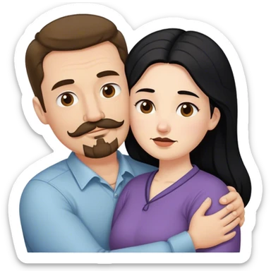 Tall strong white man with brown mustache goatee hugging a chubby short pale woman with long black hair sticker