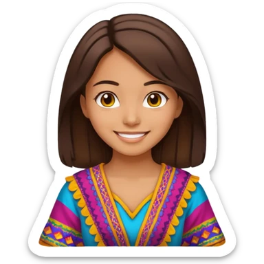 girl with dark brown hair, wearing a colorful Afghan dress, smiling, simple and cute emoji style sticker