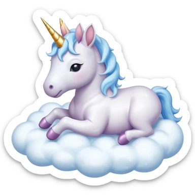 A Baby unicorn, with a sparkling horn, asleep on a white, pale blue flurry cloud, isolated sticker