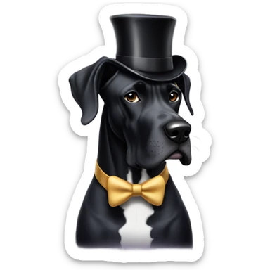 Black Great Dane with uncropped ears wearing a top hat sticker