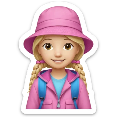 Little student, long braid blonde, wears pink bucket hat and jacket, backpack, happy sticker