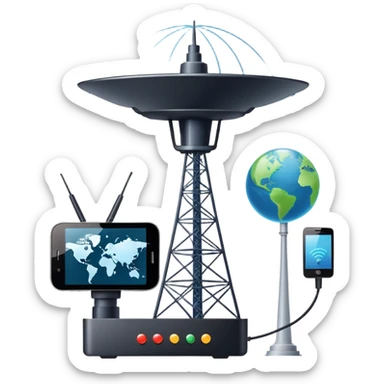 An icon featuring a satellite dish, a cell tower emitting signals, and a smartphone displaying a chat interface. The design includes fiber-optic cables and data waves, symbolizing global communication, connectivity, and information exchange. Transparent background. sticker