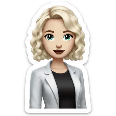 Slavic adult woman, goth eyes makeup, pink lips, blue eyes, medium bob black-to-blonde ombre light wavy hair, white T-shirt and black office jacket. sticker