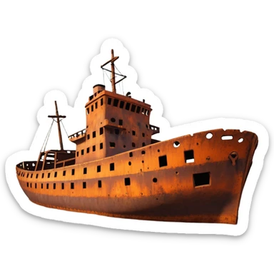 rusted ship wreck, heavily corroded metal hull, orange-brown rust textures, abandoned old ship, weathered surface, dramatic lighting, cinematic atmosphere, 3D cartoon style, mobile game environment art, clean composition, no people, no text, no watermark
 sticker