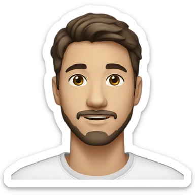 A 20 year old man with short dark brown hair, dark blue eyes, warm skin and a goatee and stubble sticker