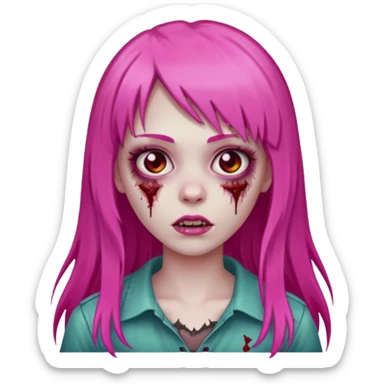 Create a female zombie emoji with long, straight hair in hot pink and bangs. sticker