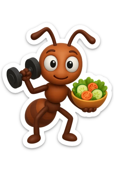 EMOJI STILE IPHONE 3D DI UNA formica CHE ha un manubrio da palestra nella mano destra e un insalata nella mano sinistra, FAGLI GLI OCCHI CON LA PARTE BIANCA, NON SOLO LA PUPILLA sticker