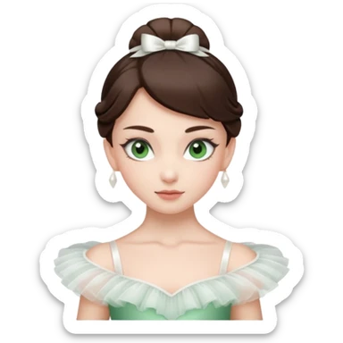 Realistic Ballerina Portrait, with porcelain-like skin featuring a natural rosy flush, illuminated by soft lighting that highlights the gentle contours of her face. Her Brunette hair flows in soft.Her deep green light eyes radiate framed by arched brows and long lashes. sticker