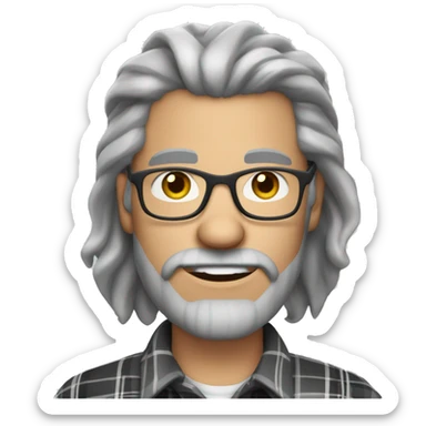 Gray warewolf mid 50s light skin man with long gray braid and a goatee with glasses and plaid shirt sticker