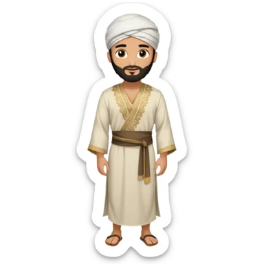 
-Apariencia: Joven de unos 25-30 años, atractivo,.
-Rostro: Ojos oscuros, piel ligeramente morena, rasgos árabes finos.
-Cabello: Negro, algo rizado o suelto, con barba fina.
-cuerpo entero  puede llevar una túnica más oriental, con faja y turbante sencillo con sandalias sticker