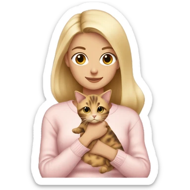 blonde girl wearing a pale pink sweater  holding a tortoiseshell cat with a white belly sticker