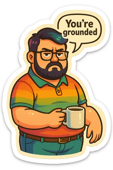A realism art illustration art style of handsome plus-size man with black hair and a purple to green ombre streak, black beard, blue eye, glasses, dressed like a dad, holding a coffee mug, You’re grounded speech bubble, frowning  sticker
