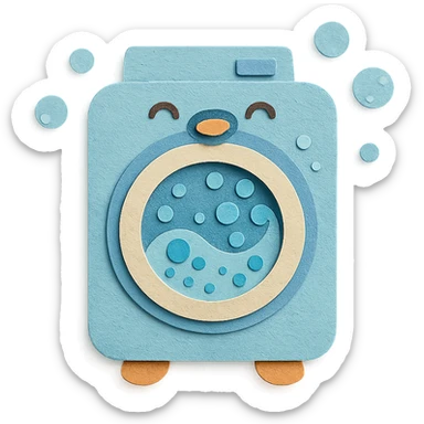 cute penguin-shaped washing machine with soap bubbles spinning around, happy expression, pastel blue, full-body sticker