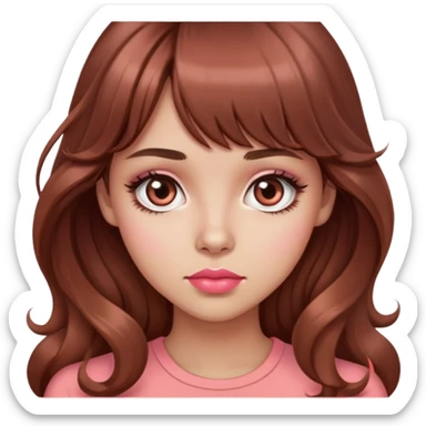 cute woman, unimpressed, popular girl, light tan skin, big dark brown eyes, very long wavy auburn hair, bangs, pink top, coral lipstick sticker