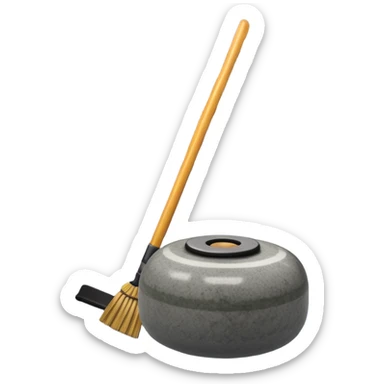An icon showing a detailed close-up of a curling stone sliding across the ice, with a broom in motion beside it. The background features an indoor stadium with cheering spectators on the stands. Transparent background captures the strategy and focus of curling. sticker