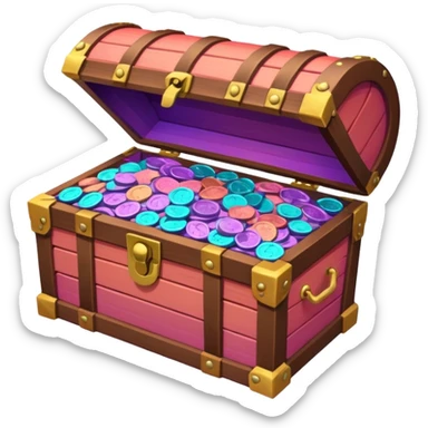 wooden brown treasure chest filled with  coins 
Change coins color in in gradient of turquoise, blue, pink, purple, and coral sticker