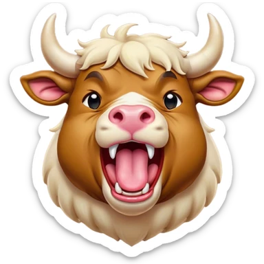 Cinematic Cute Yawning Domestic Bull Portrait Emoji, Head tilted slightly with a dramatic, wide-open yawn, showcasing a robust, muscular frame with a soft, downy coat and subtly drooping horns, round eyes barely open in drowsy contentment, Simplified yet irresistibly adorable features, highly detailed, glowing with a soft, cozy natural glow, high shine, relaxed yet expressive, stylized with a dash of rustic whimsy, soft glowing outline, capturing the essence of a sleepy yet affectionate domestic bull that seems ready to stretch out and settle for a nap! sticker