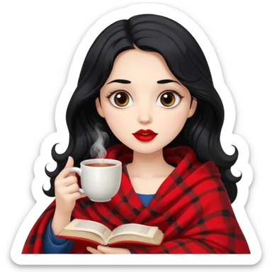 Long wavy Black haired, white skinned, dark big eyed girl with red lipstick wrapped in a blanket, sipping tea and reading a book sticker