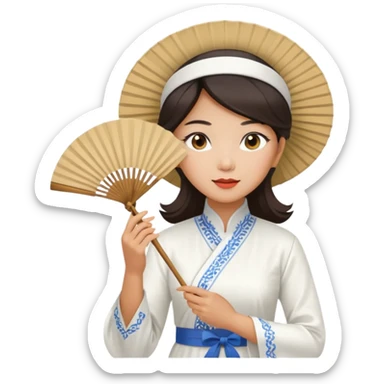 a vietnamese woman wearing a white ao dai holding a folding fan elegantly, wearing a nón lá sticker