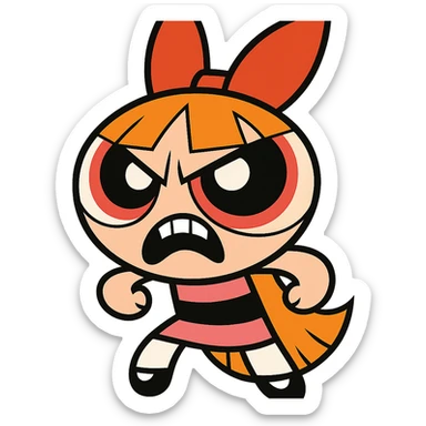 Blossom, cartoon girl with big eyes and a bow, inspired by Powerpuff Girls, scary menacing expression, vibrant cartoon style sticker