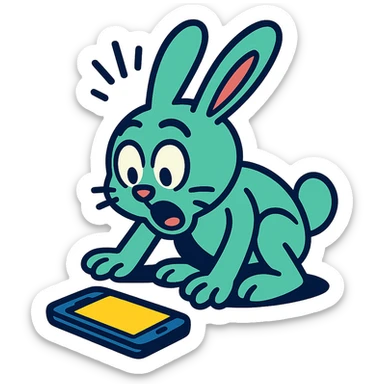 mint bunny shocked looking at phone on ground, vibrant-toon style sticker