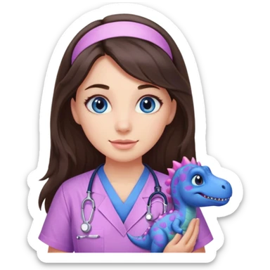 pretty brunette nurse with long hair and blue eyes in pink and purple dinosaur pattern scrubs sticker