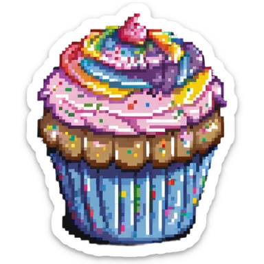 large cupcake with pink frosting covered in rainbow sprinkles in pixel art style sticker