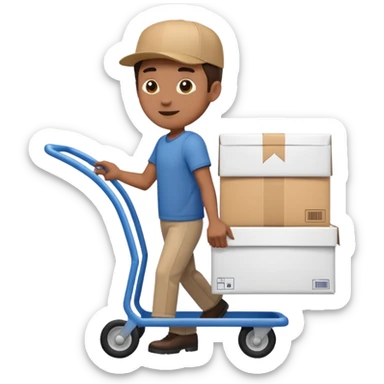 hombre llevando en un carrito un paquete de envio sticker