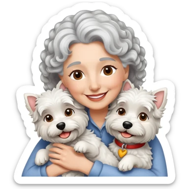 Single silver-haired with curly hair 60-ish lady smiling and hugging single westie dog sticker