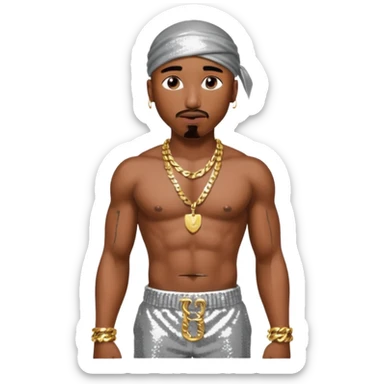Tupac with silver sequin harem pants, shirtless with necklace sticker